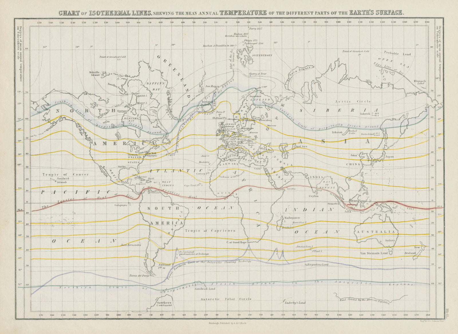 World chart of isothermal lines. Mean annual temperature. GEORGE AIKMAN 1856 map